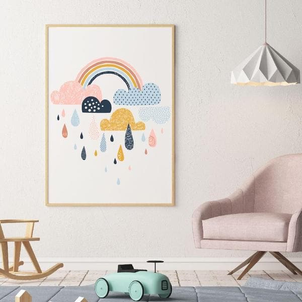 Ranbow and clouds pink nursery wall art. bespoke baby gifts. timber frame. raindrops. kids wall art. baby gifts australia. baby shower gift ideas. gifts for girls. 