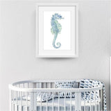 seahorse soft blue. white frame. bespoke baby gifts. gifts for boys. ocean art. kids wall art. unique gifts australia. blue watercolour. 