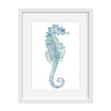 seahorse soft blue. white frame. bespoke baby gifts. gifts for boys. ocean art. kids wall art. unique gifts australia. blue watercolour. 