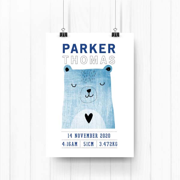 Scandi Bear Personalised Birth Print