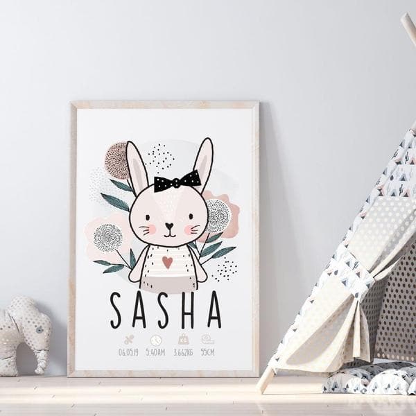 Scandi Bunny Girl Personalised Birth Print