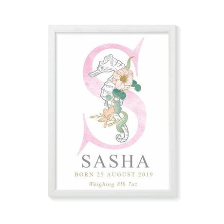 Seahorse Personalised Birth Print. Nursery Wall Art. Kids Wall Art. Nursery Prints. Framed Wall Art. Bespoke Baby Gifts