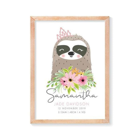 Sloth Girl Personalised Birth Print