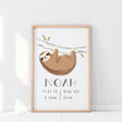 Sloth Hanging Personalised Birth Print. Nursery Wall Art. Nursery Prints. Kids Wall Art. Framed Wall Art.