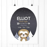 Bespoke Baby Gifts. Sloth Personalised Birth Print. Nursery Prints and Kids Wall Art