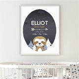 Bespoke Baby Gifts. Sloth Personalised Birth Print. Nursery Prints and Kids Wall Art