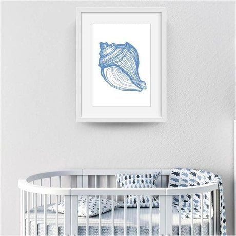 seashell light blue. white frame. bespoke baby gifts. blue shell. nursery wall art. ocean art. kids room decor. white frame. unique gifts australia. 