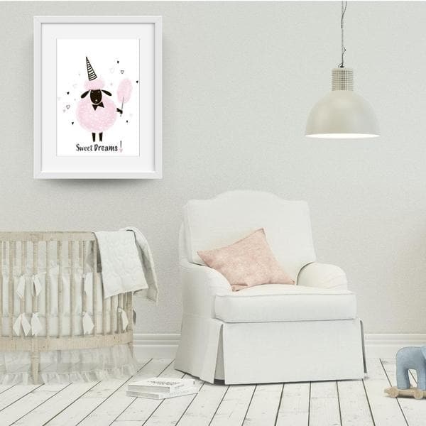 Sweet dreams white frame. bespoke baby gifts. pink sheep. cute girls art. gifts for baby girls. unique gifts australia. nursery wall art. baby shower gifts