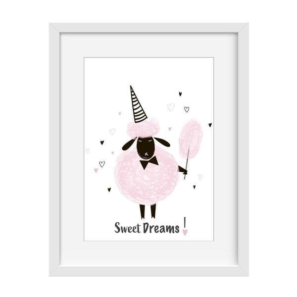 Sweet dreams white frame. bespoke baby gifts. pink sheep. cute girls art. gifts for baby girls. unique gifts australia. nursery wall art. baby shower gifts. 