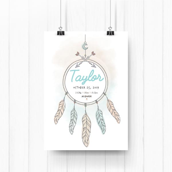 Tribal Dream Catcher Personalised Birth Print