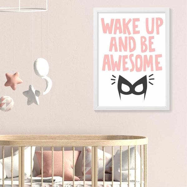 Wake up and be awesome gift. white frame. pink writing. superhero. wonderwoman. gifts for girls. newborn gifts. baby shower gift ideas. online gift australia. 