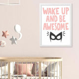 Wake up and be awesome gift. white frame. pink writing. superhero. wonderwoman. gifts for girls. newborn gifts. baby shower gift ideas. online gift australia. 