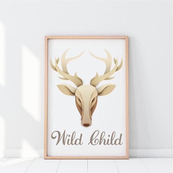 wile child deer head wooden frame. bespoke baby gifts. neutral colours. unisex wall art. baby shower gift ideas. online artwork. online baby gifts. timber frame. 