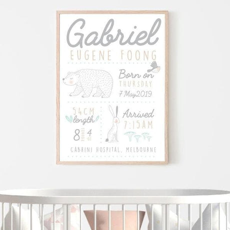 Bespoke Baby Gifts. Woodland Personalised Birth Print. Nursery Prints and Kids Wall Art